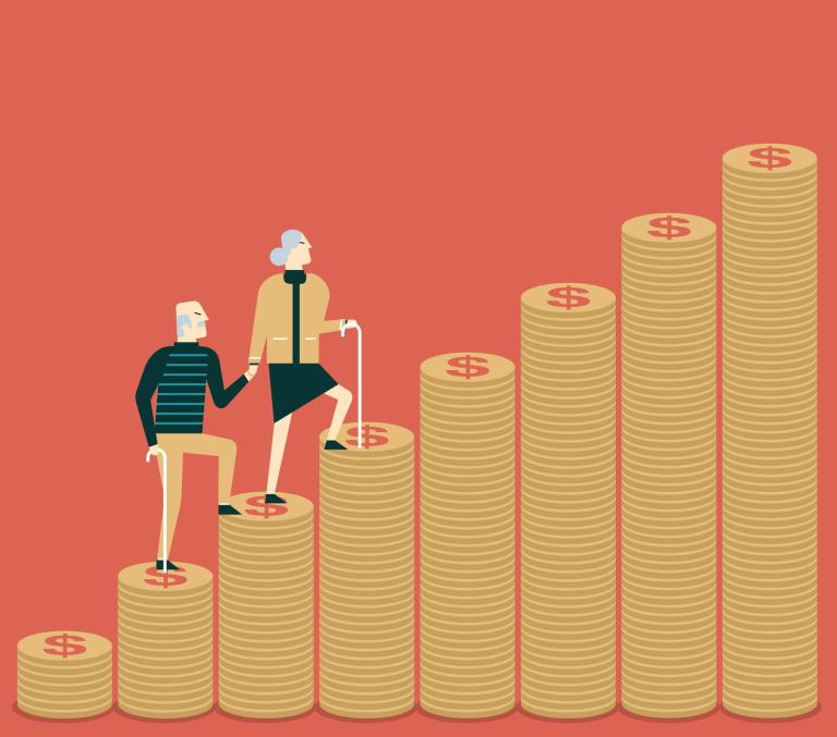 Ilustração de casal de velhinhos subindo montante crescente de moedas