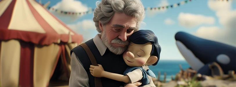 Geppetto abraçando Pinóquio