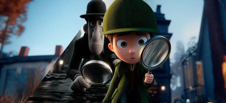 Cena do filme animado 'ParaNorman', mostrando os personagens Norman e outro personagem com lupas, em um cenário urbano com árvores ao fundo, destacando o estilo de animação 3D.