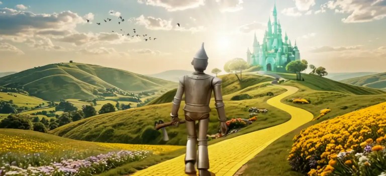 Cavaleiro de armadura caminhando por um caminho dourado em um cenário mágico com castelo ao fundo, flores e montanhas ao redor, cenário de fantasia encantador.